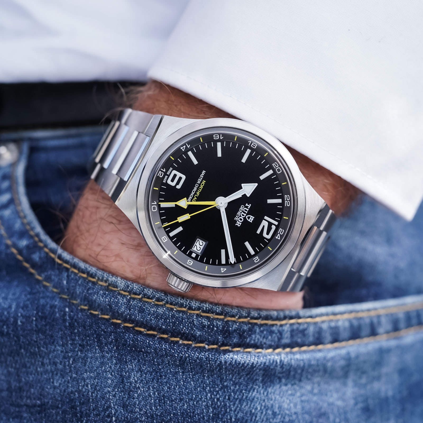 Tudor Northflag GMT Watch black sunray dial with yellow GMT hand and 24-hour scale