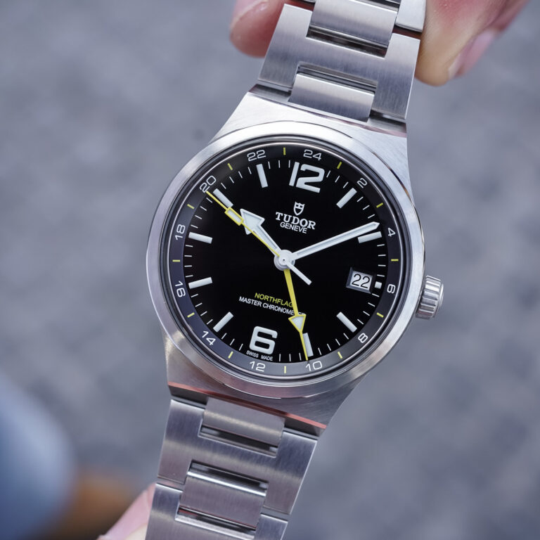 Tudor Northflag GMT Watch stainless steel case and fixed brushed bezel, three-quarter view