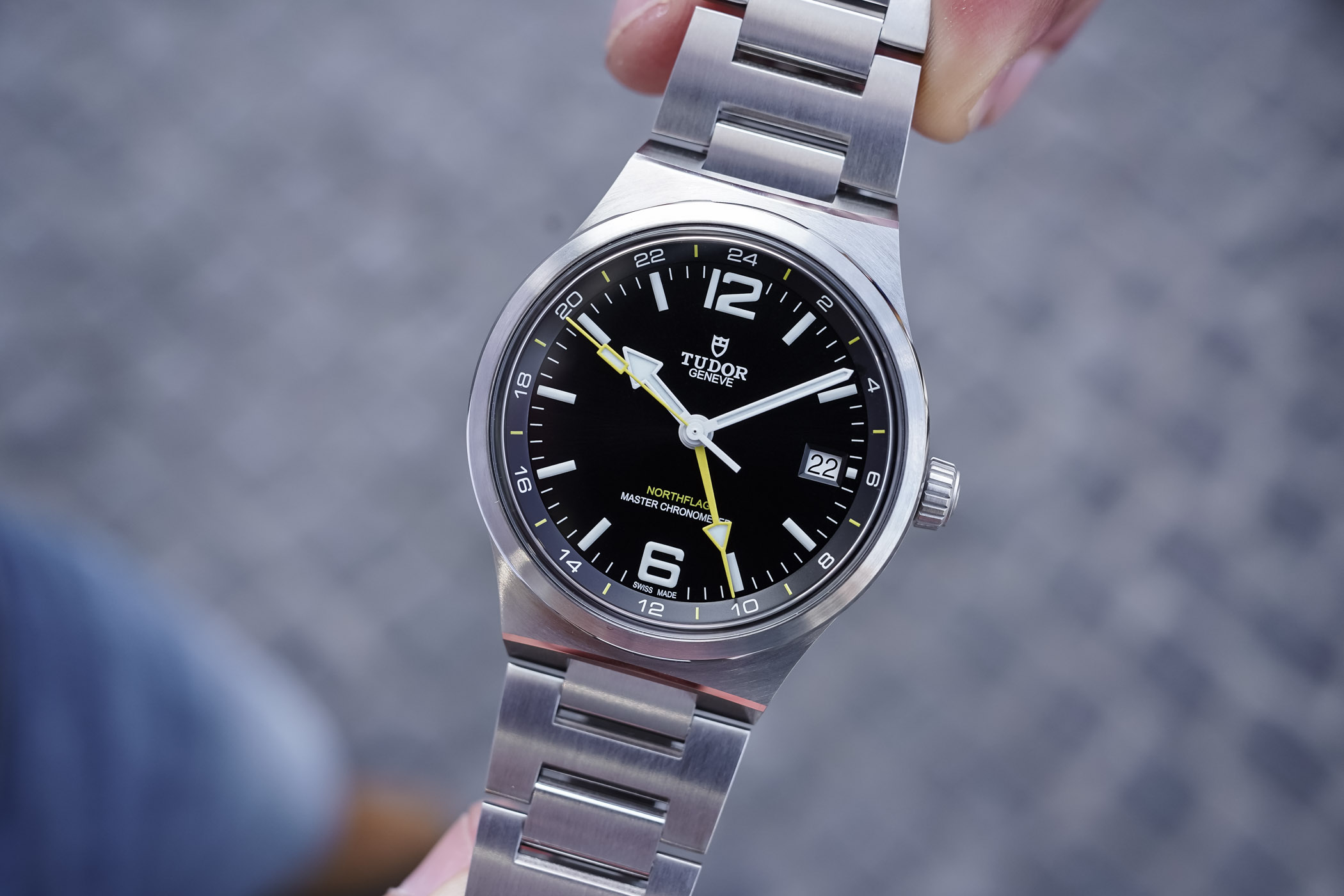 Tudor Northflag GMT Watch stainless steel case and fixed brushed bezel, three-quarter view